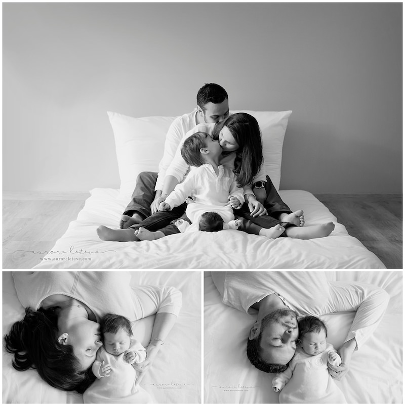 shooting photo de bébé en famille en noir et blanc par photographe Lyon