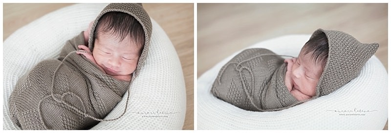 photographie d'un bébé dans un coussin cocon par photographe lyon 