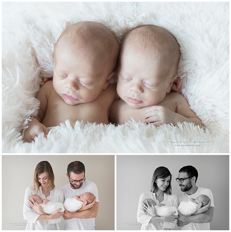 Séance photo bébé jumeaux dans les bras de papa et maman par photographe bébé lyon
